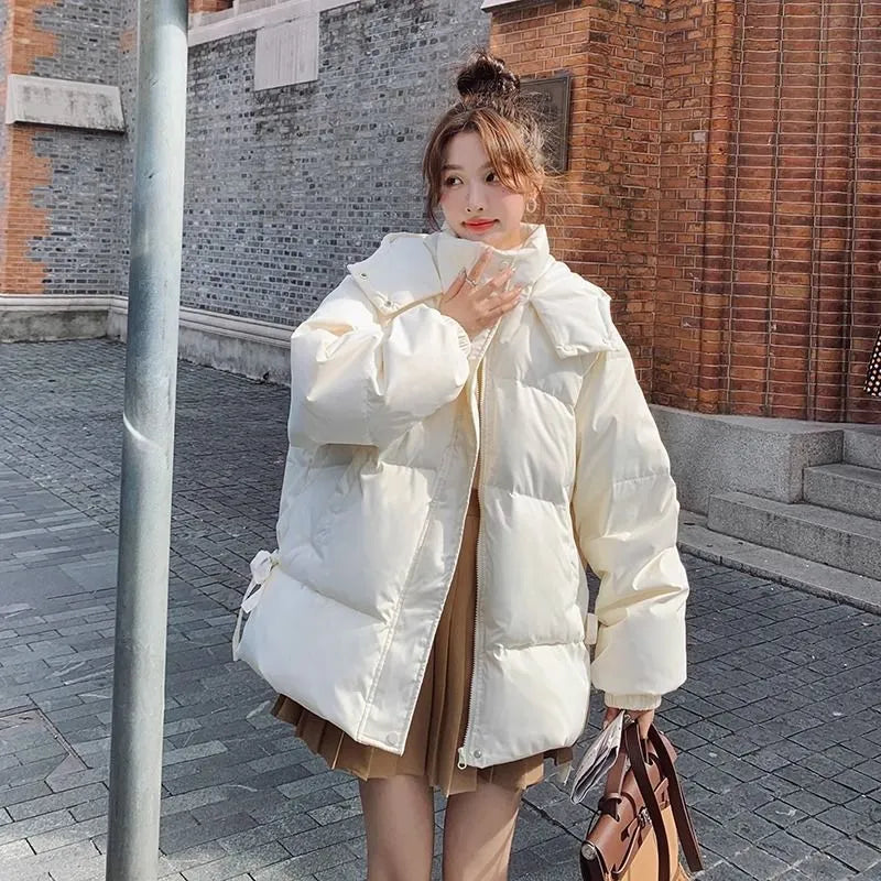 Women's loose cotton-padded jacket with princess sleeves in milky white colour for autumn winter wear