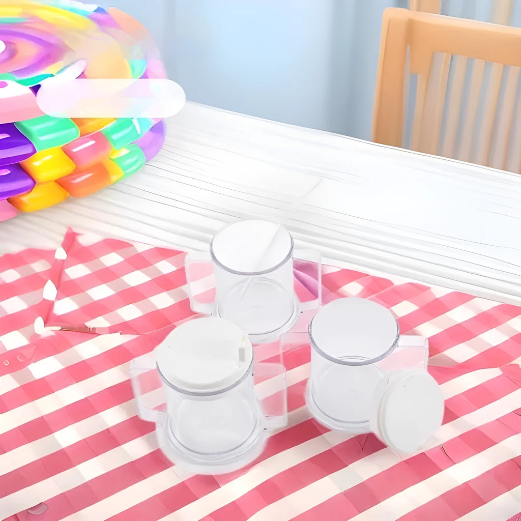 Transparent plastic drinking cup with secure lid showing dimensions and spill-proof design