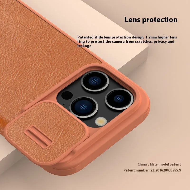 Imitation leather flip phone case for iPhone showing black, brown, and red colour options