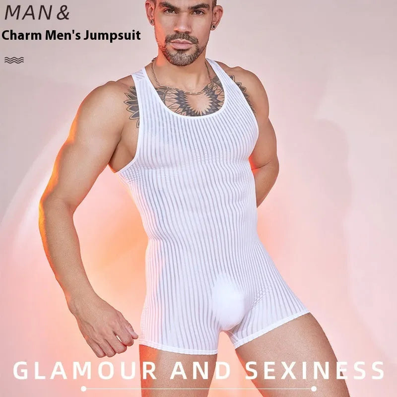 Men's black and white vertically striped lightweight nylon jumpsuit laid flat.