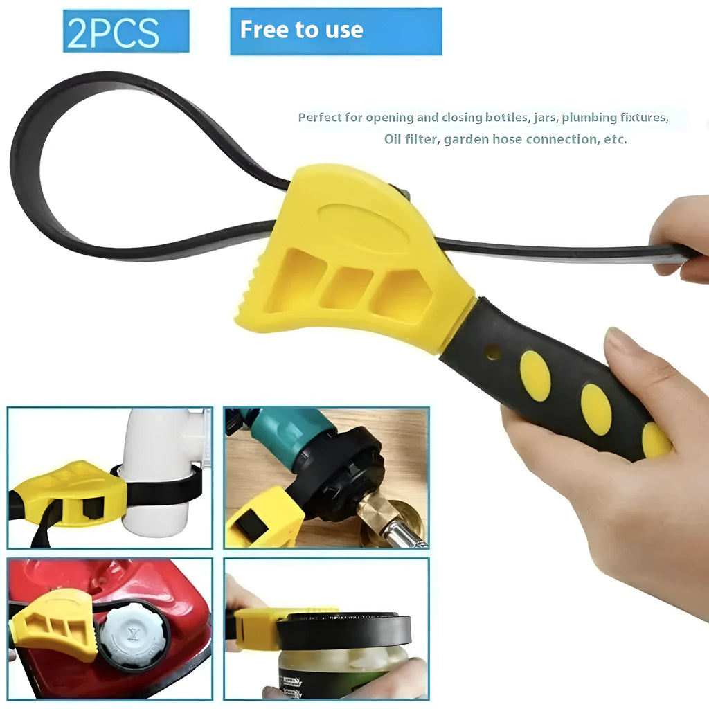 Adjustable rubber strap wrench tool set showing 6-inch and 8-inch sizes with plastic handle and phosphated metal.