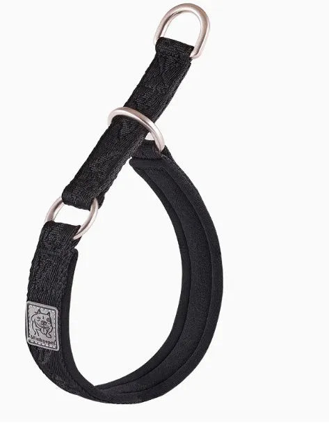 P-chain dog walking collar in reflective army green nylon with aluminium hardware, shown on size chart from 2XS to 3XL.
