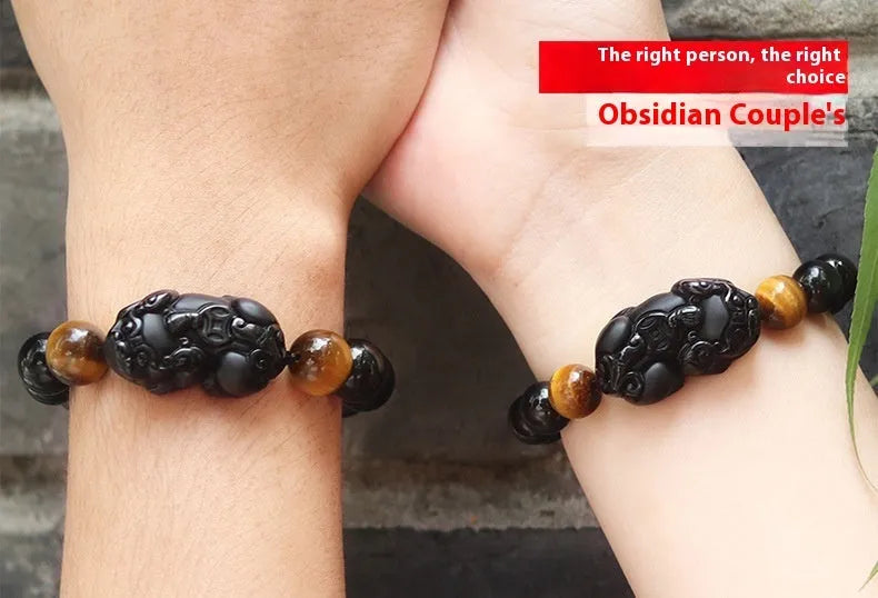 Mexico gold sheen obsidian crystal Pi Xiu bracelet with black adjustable cord, showing bead detail