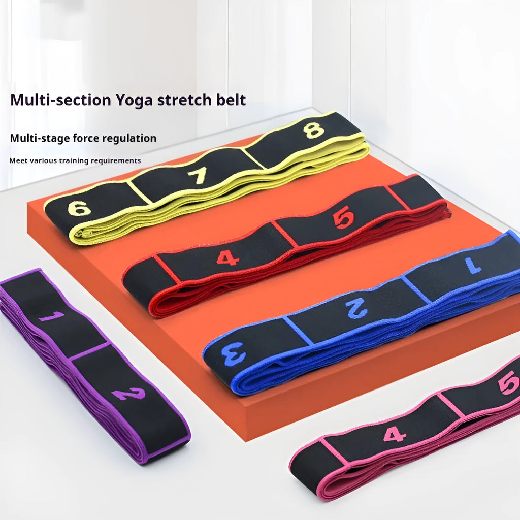 Yoga multi-section stretch strap in polyester cotton latex yarn for sports and fitness applications