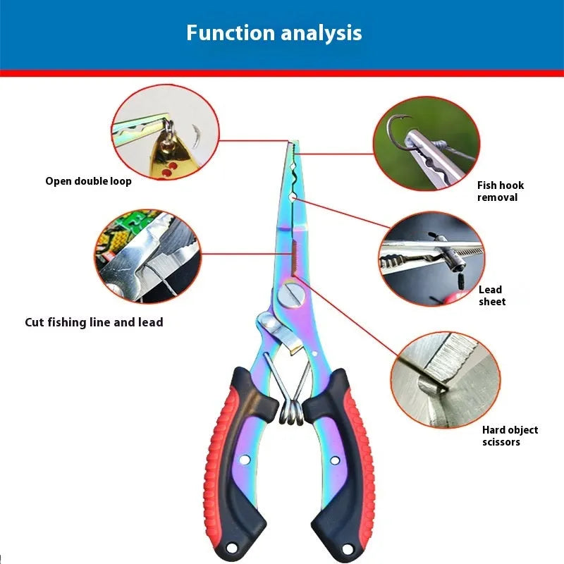 SS420 steel fishing pliers with straight mouth and hook, red blue green handle options