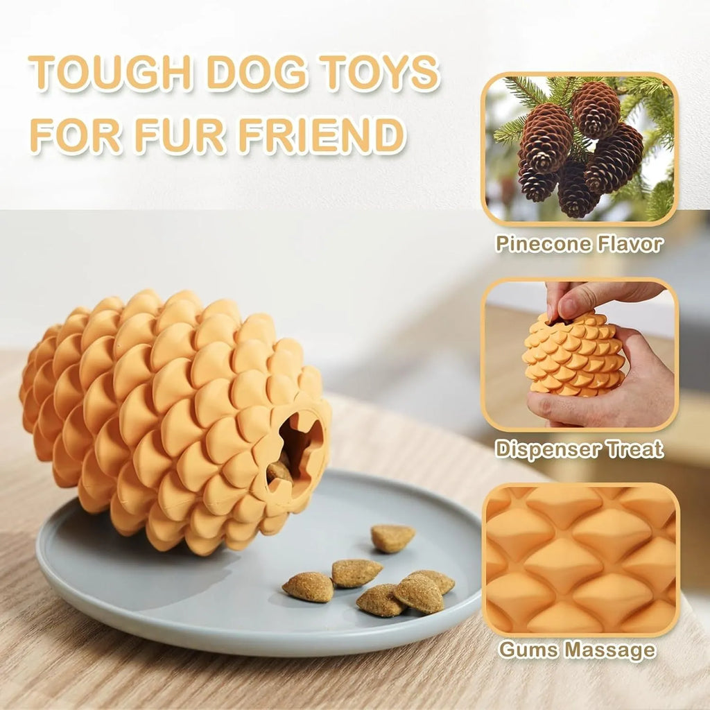 Yellow natural rubber pine cone-shaped dog toy with textured surface and treat dispenser hole.
