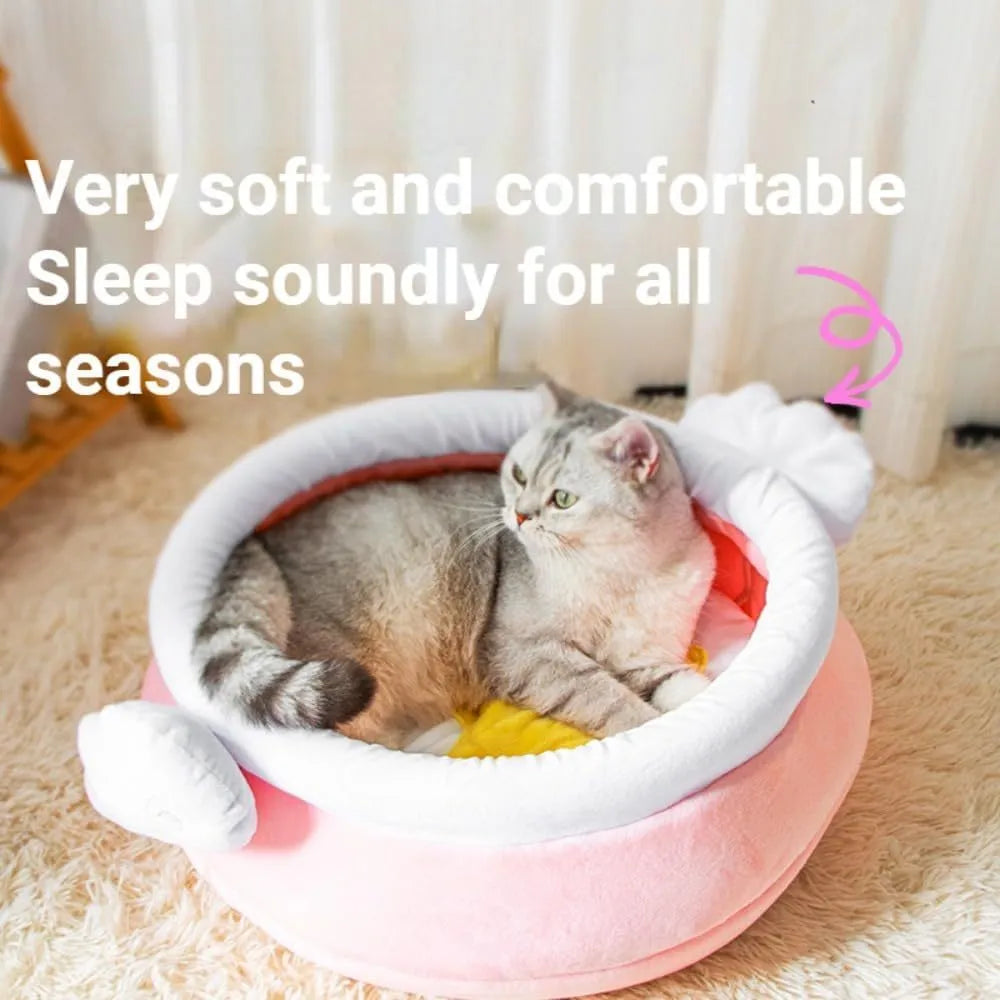 Pink honey pot shaped cat sofa bed with a soft fabric texture and a removable inner cushion.