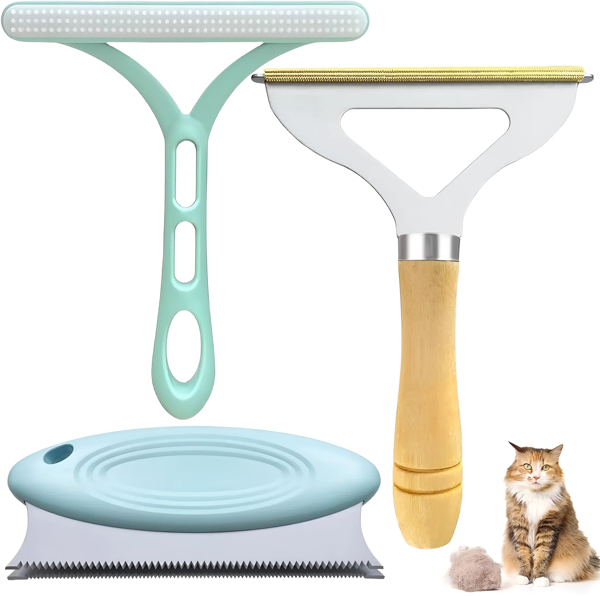 Green three-piece pet hair remover set with metal, silicone, and round cleaning heads.