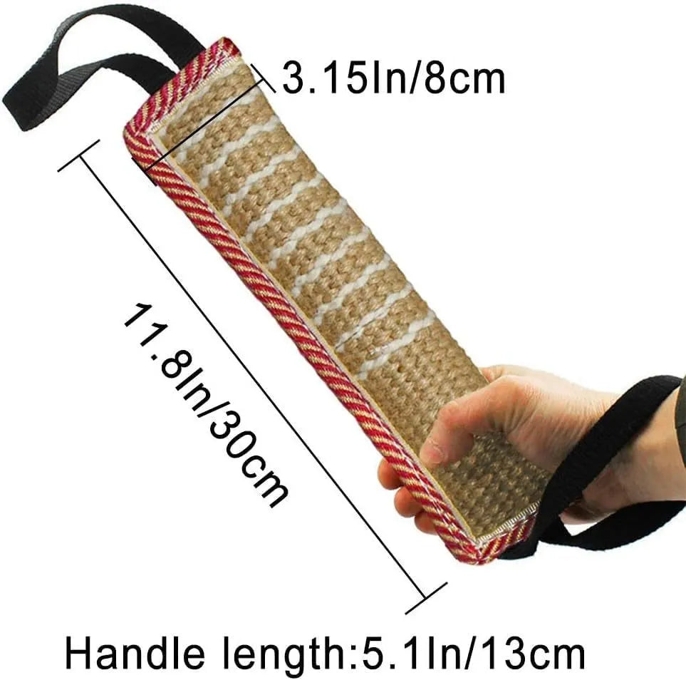 Beige and pink jute dog tug toy with two fabric handles on a white background.