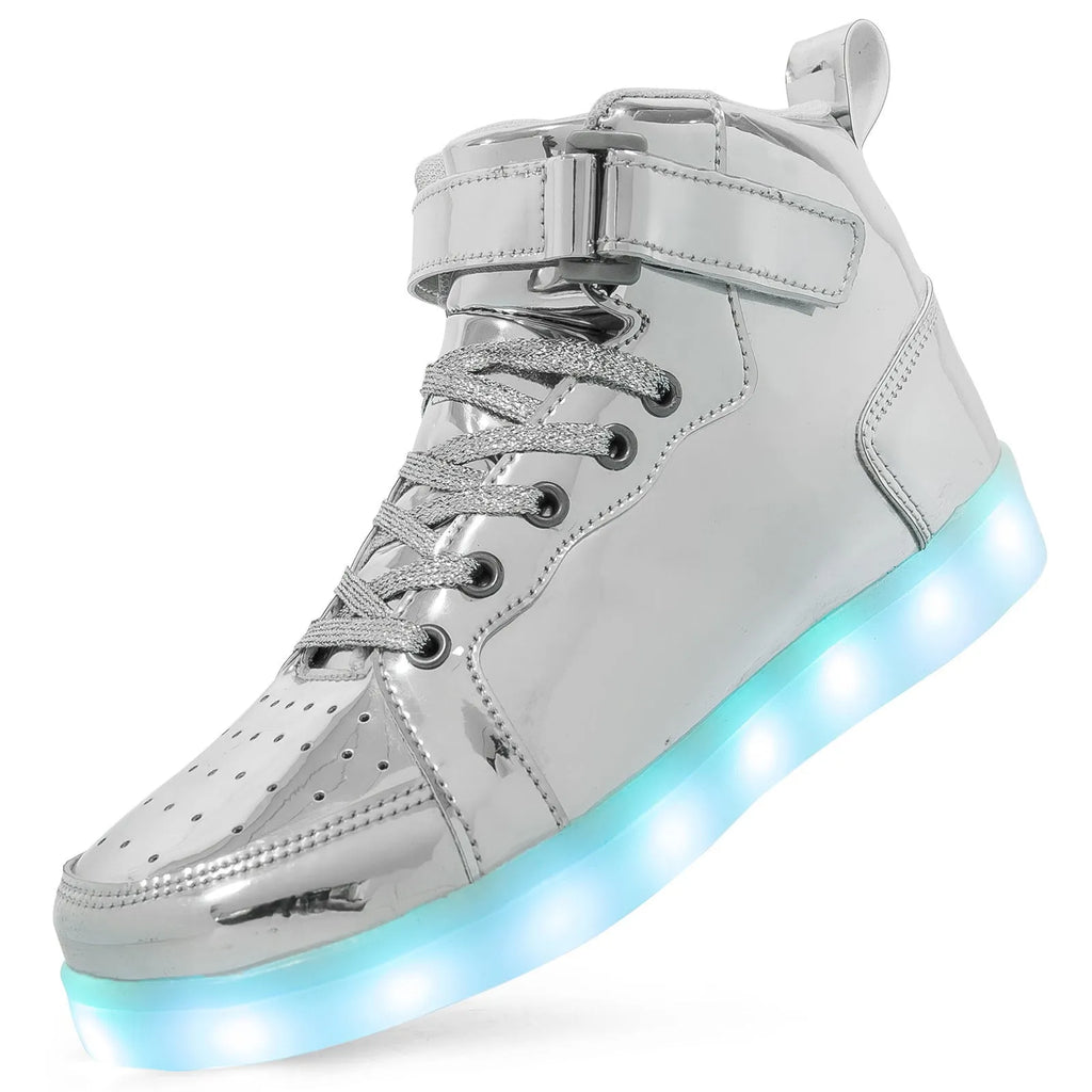 LED light-up high-top board shoes with velcro fastening in black, white, gold, silver, and pink colours