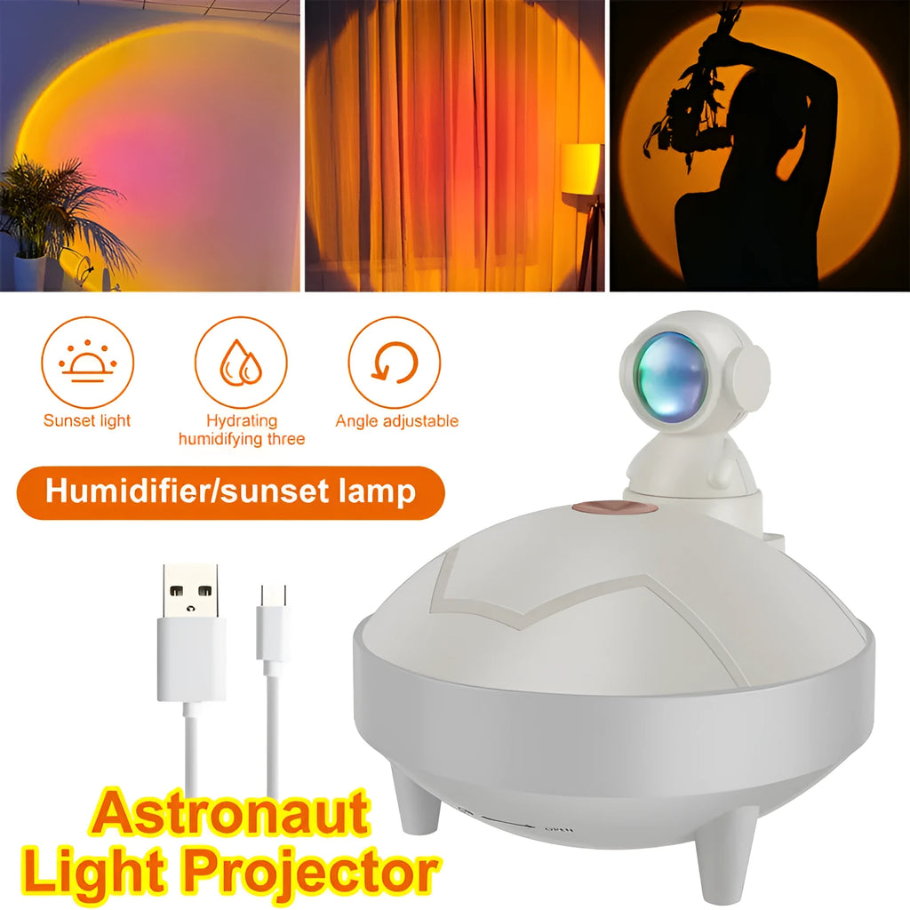 Astronaut sunset lamp humidifier in white with 360-degree rotating head and mist from single fog outlet