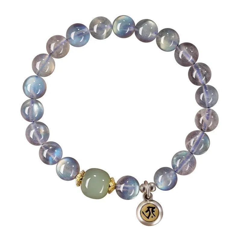 Moonstone Buddha beads bracelet with electroplated Guanyin mouse design on 8mm crystal bead