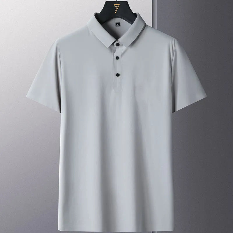 Men's solid colour non-ironing short sleeve business casual shirt on a hanger.