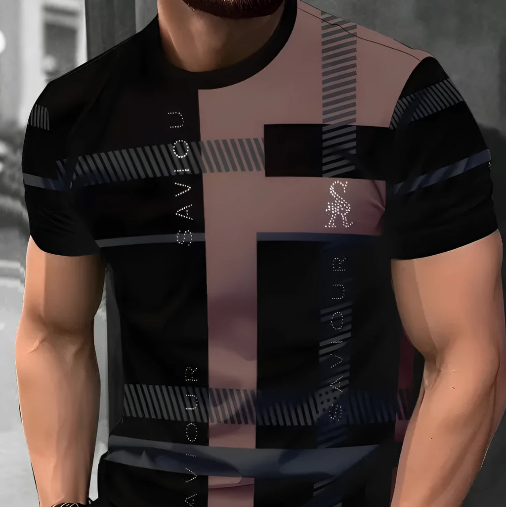 Men's short-sleeved T-shirt with striped digital 3D printing pattern in loose fit casual style