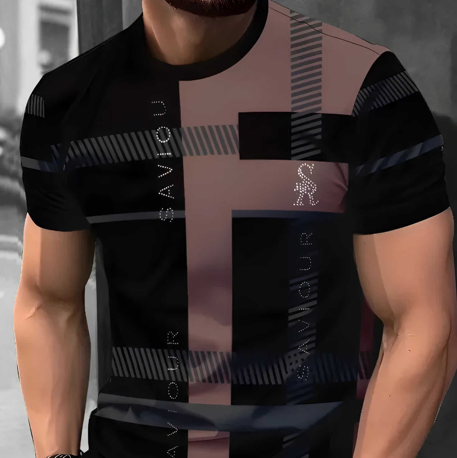 Men's short-sleeved T-shirt with striped digital 3D printing pattern in loose fit casual style