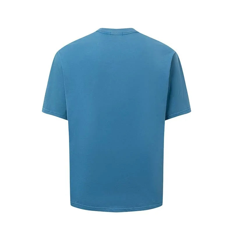 Men's blue American retro style t-shirt with white letter print and loose fit