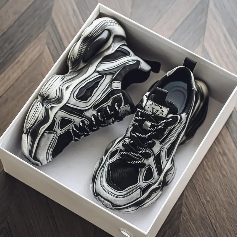 Men's black mesh sports sneakers with a platform sole and lace-up front, shown on a white background.
