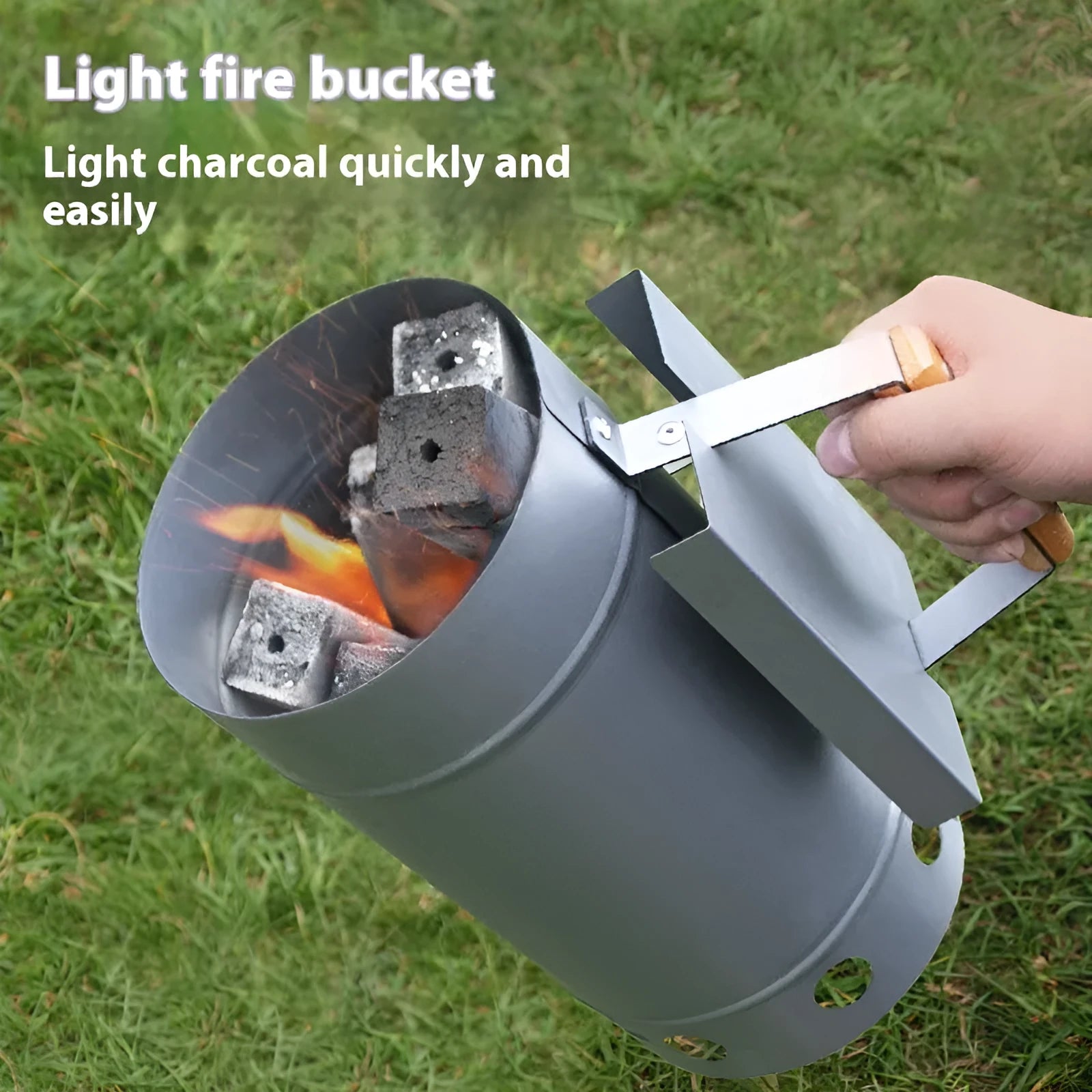 Zinc-iron alloy outdoor charcoal burner in carbon bucket style with an oven igniter.