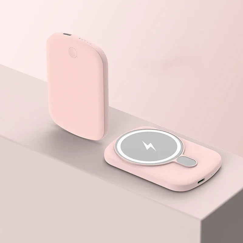 Magsafe magnetic wireless power bank in Barbie Pink, showing slim design and dimensions.