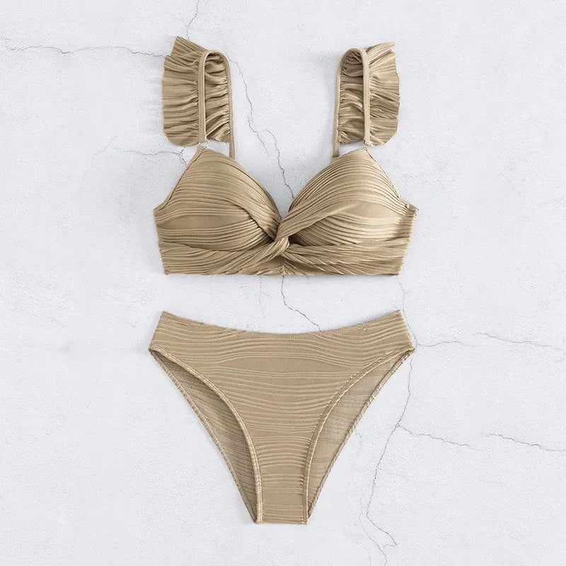 Women's solid colour polyester bikini swimsuit set in black or khaki with Asian sizing