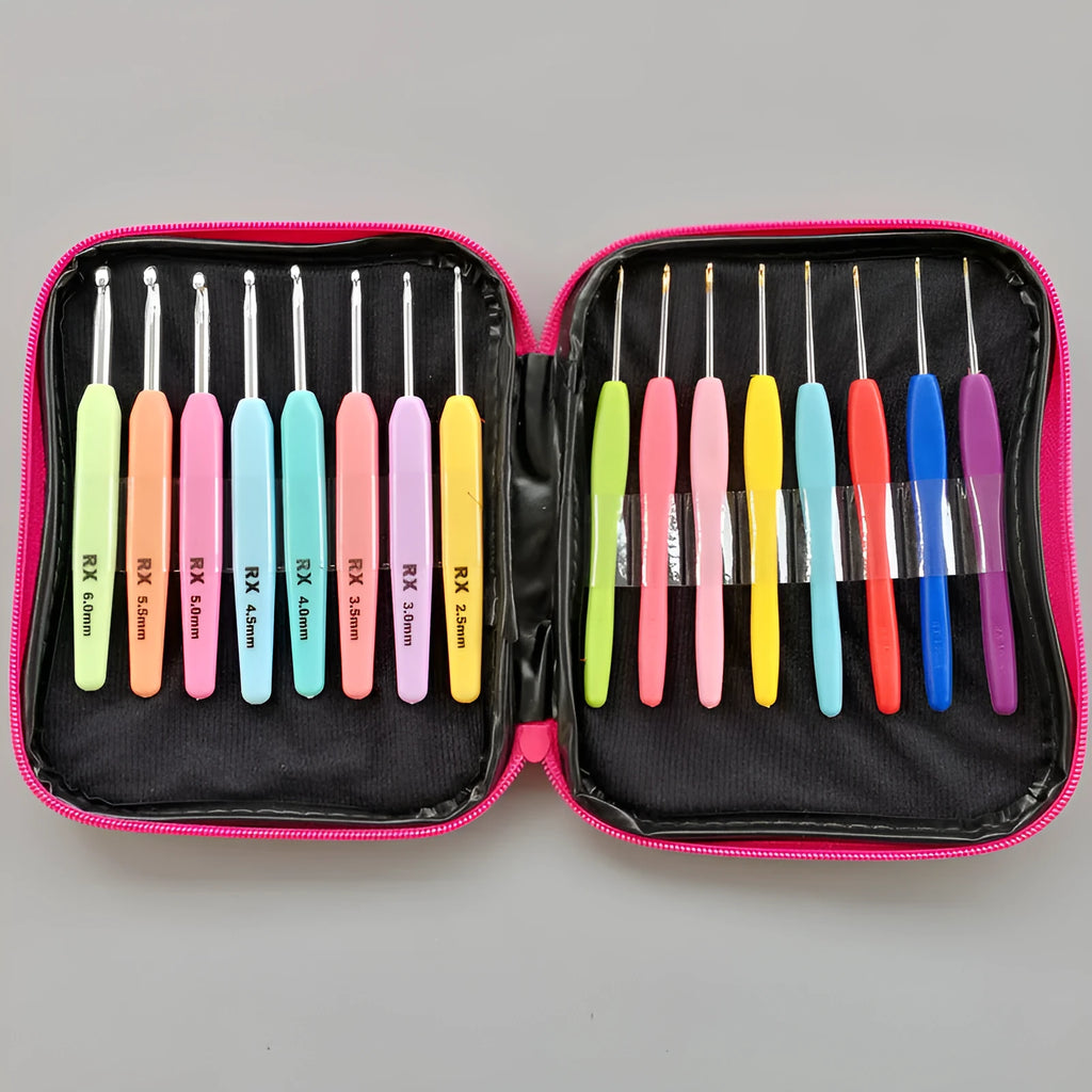 Set of 16 crochet hooks with soft and hard handles in a PU storage bag.