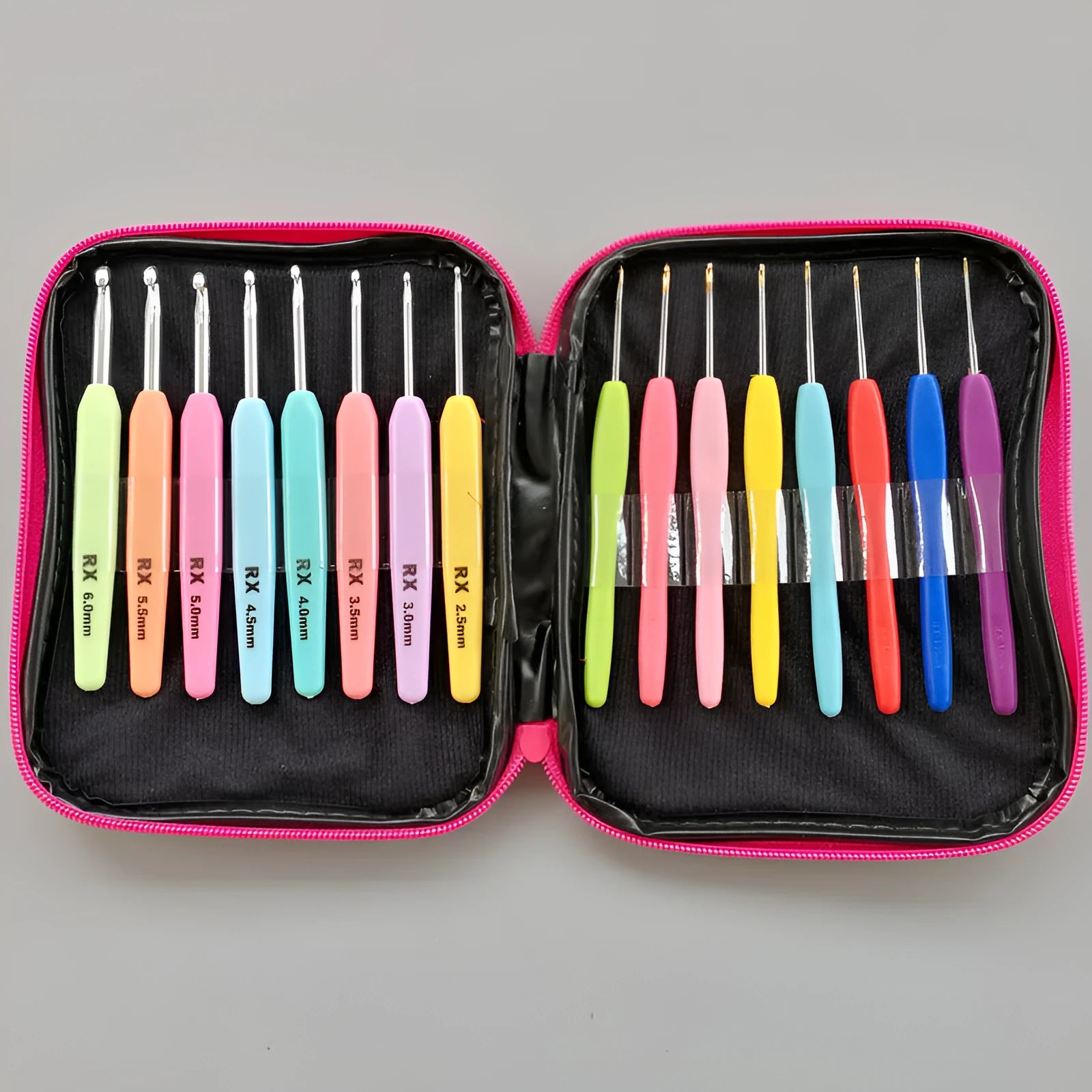 Set of 16 crochet hooks with soft and hard handles in a PU storage bag.