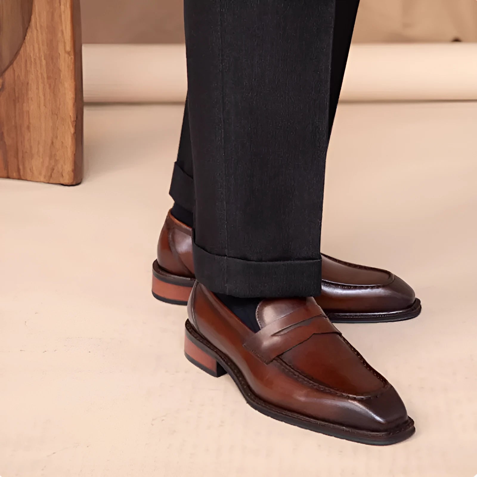 Men's genuine leather slip-on casual shoes in brown with top-grain cowhide upper and rubber sole