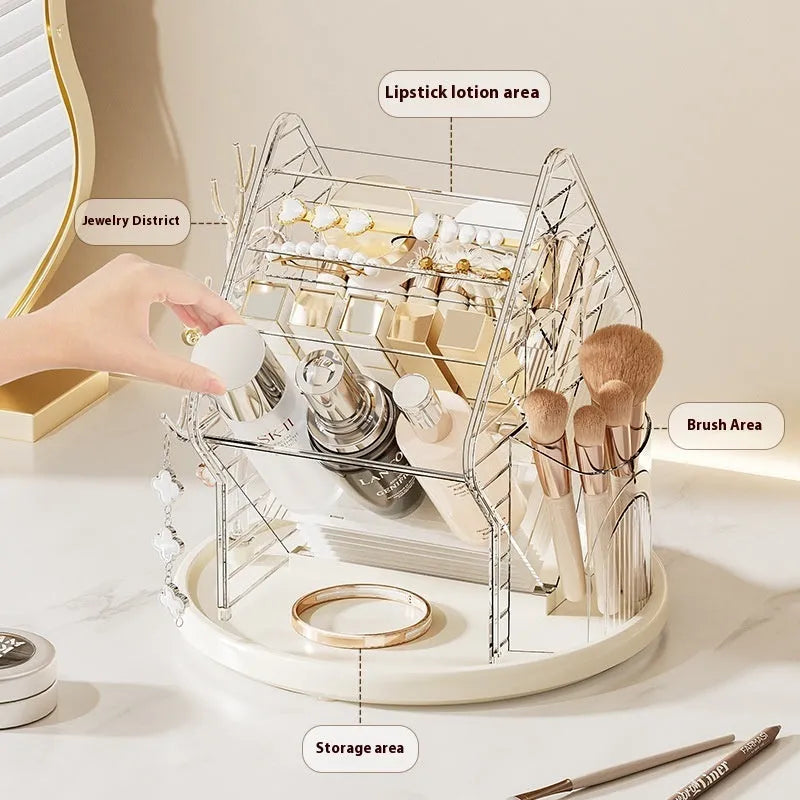Rotating amber gold cosmetics organiser on a vanity with makeup bottles.