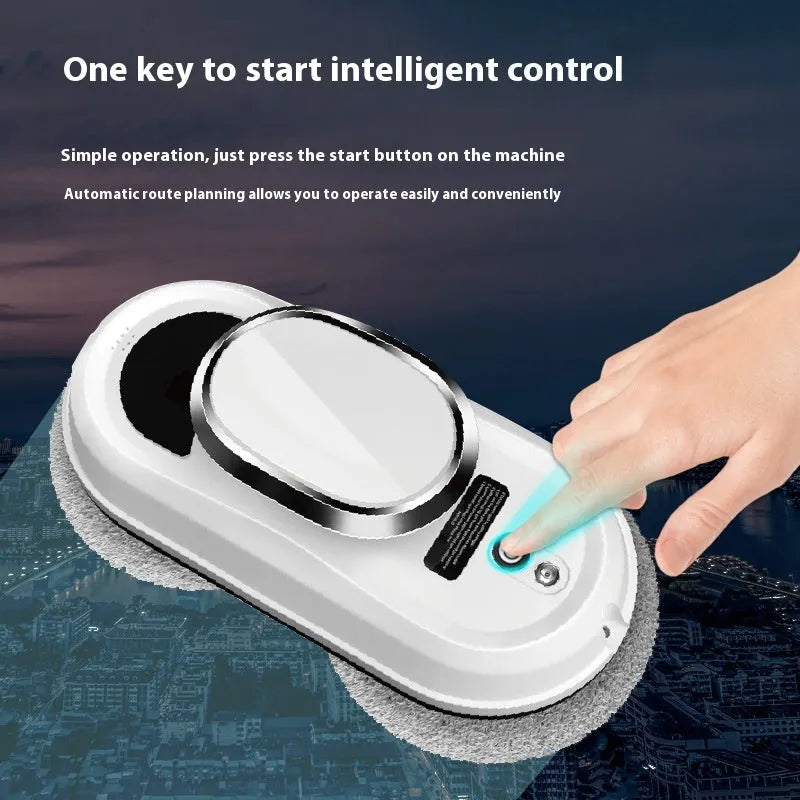 White full-automatic high altitude cleaning machine with remote control and cleaning accessories.