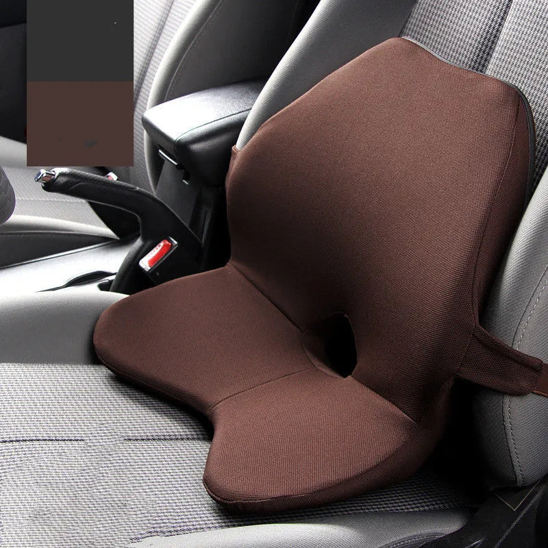 Car lumbar support cushion with memory foam, shown in beige and black, featuring a one-piece design.