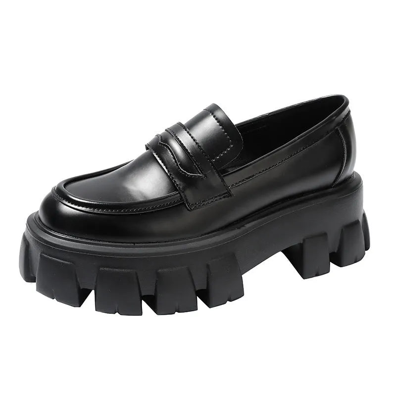 British style wide fit patent leather loafers with rubber sole and muffin base heel design