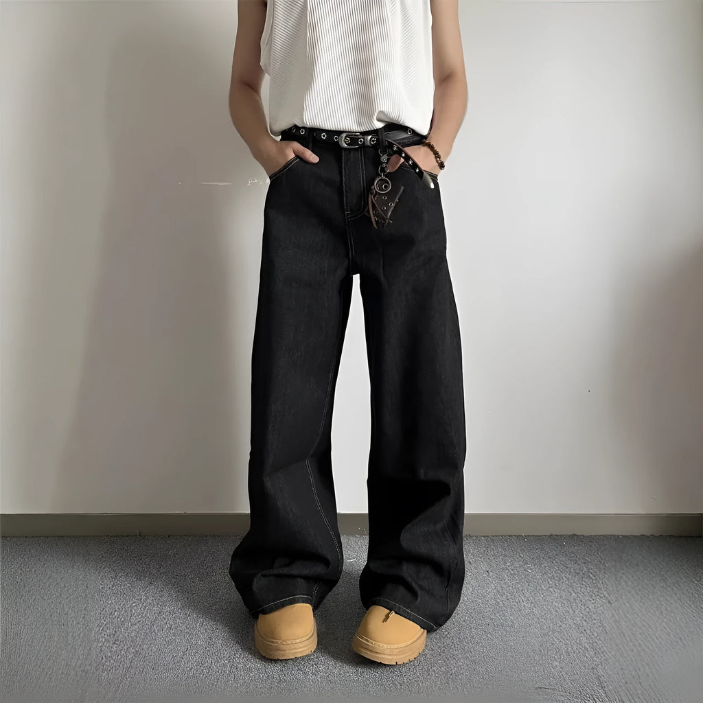 Black loose wide-leg straight-leg jeans with retro style and mid-waist zip closure