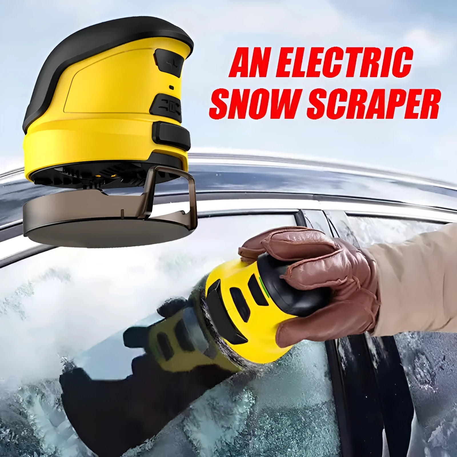 Yellow cordless electric ice scraper for car windows with USB charging cable