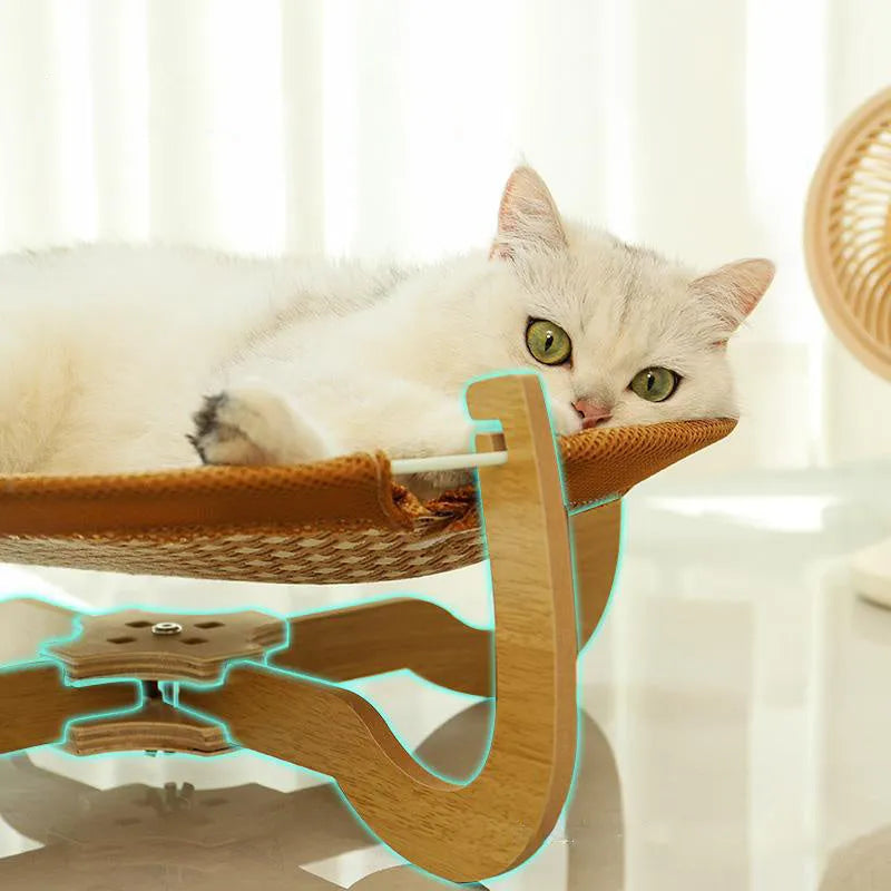Brown woven rattan pet hammock bed with a cool mat for cats and small dogs.