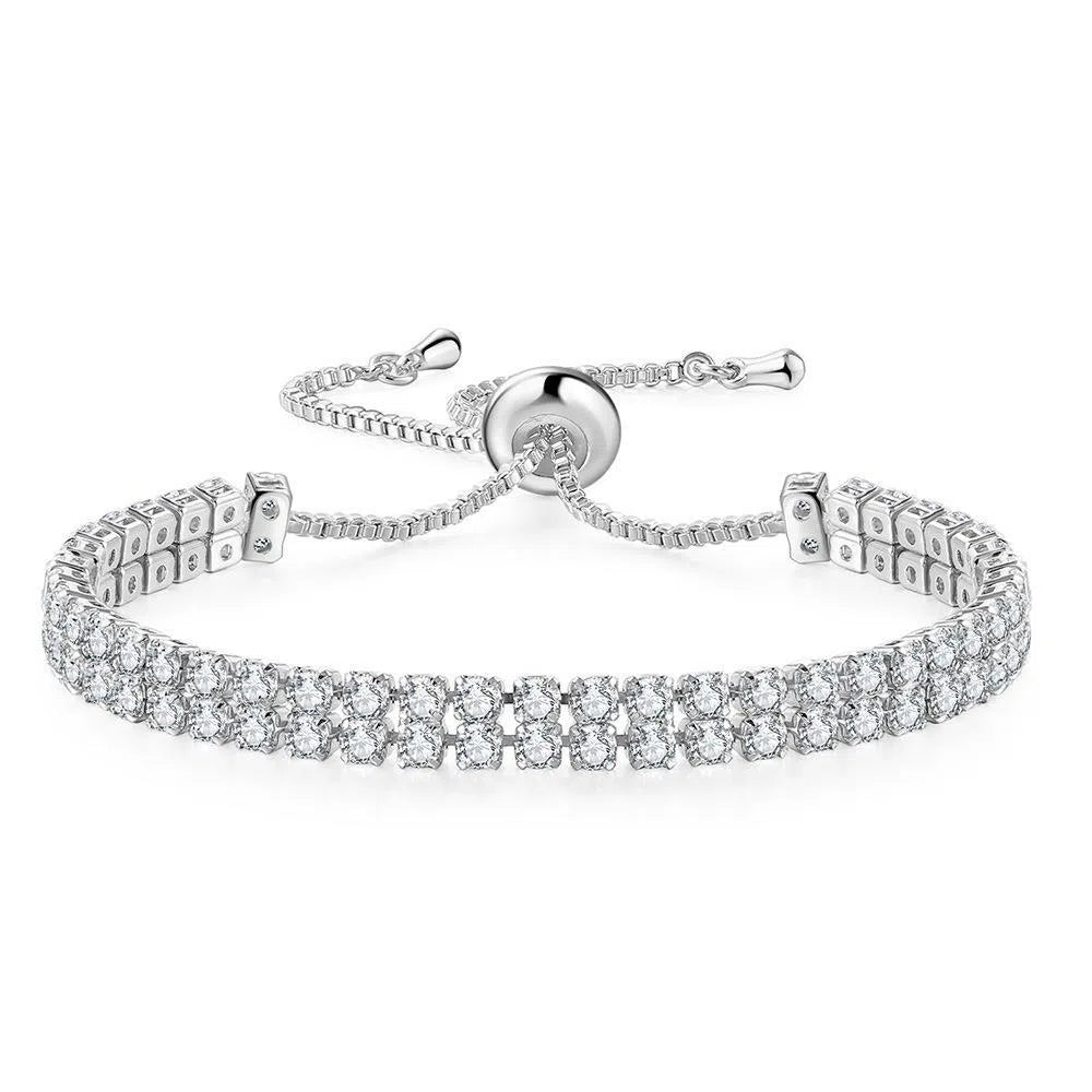Fashion double row zircon bracelet for women, copper metal, rhinestone stones, platinum white colour option