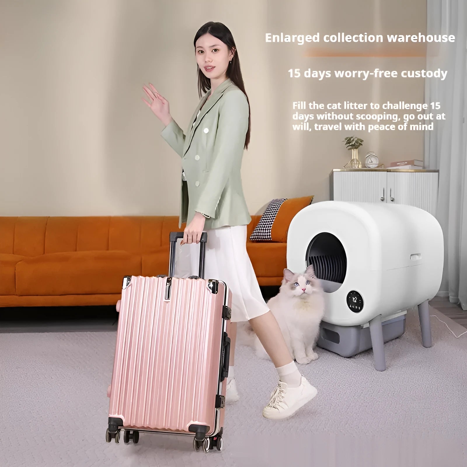 Automatic self-cleaning cat litter box made of white ABS plastic with control panel.