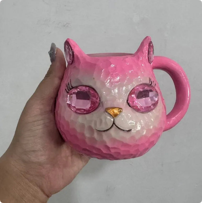 American style decorative Cat Cup resin figurine in blue, green, pink, and purple colour options.