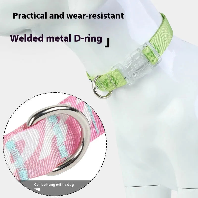 Adjustable nylon dog collar with cartoon printing shown in gradient colour and panda green on a white background.