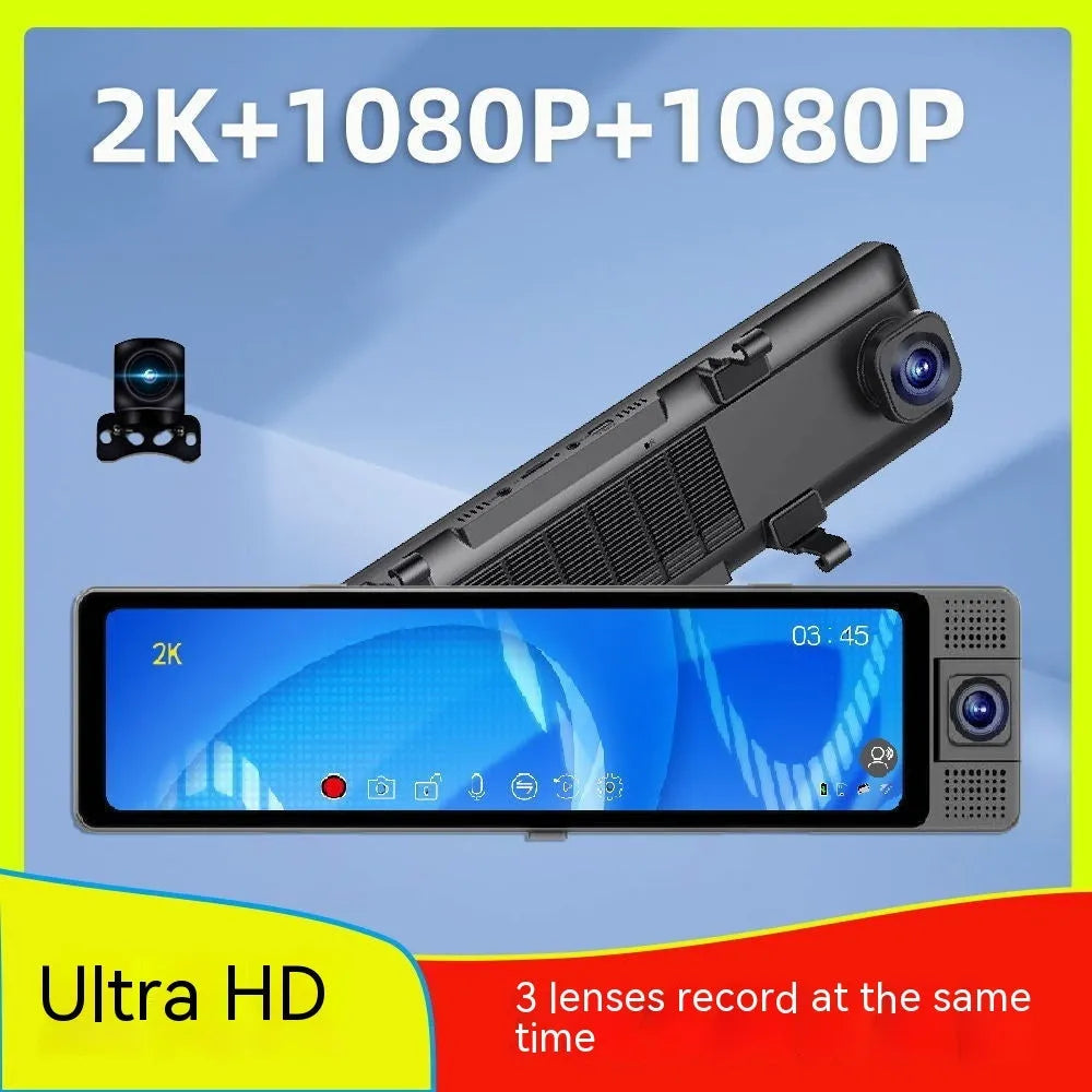 12-inch car rearview mirror driving recorder with touchscreen and triple-lens 2K recording system
