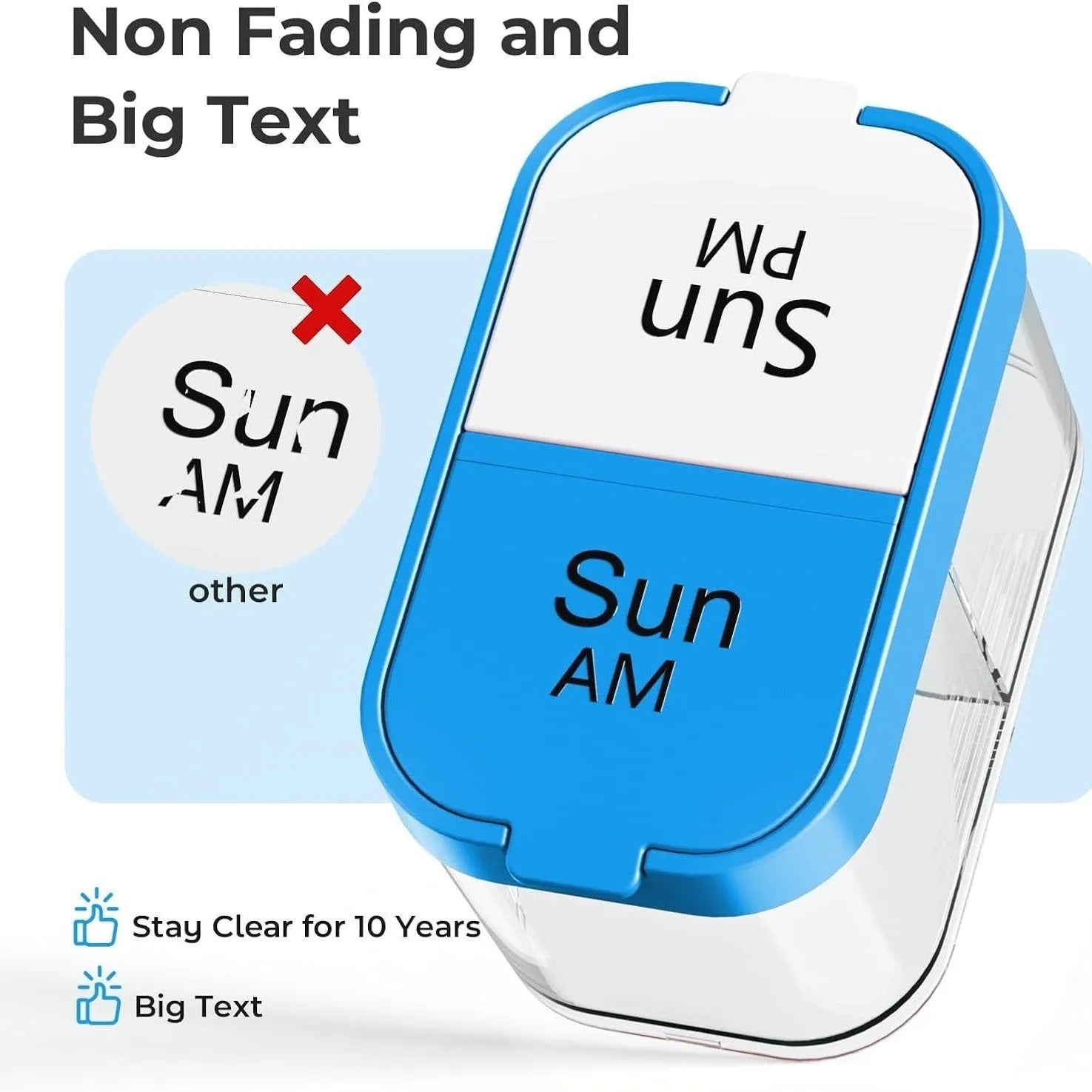 Extra large white and rainbow coloured plastic pill box with 14 removable compartments.