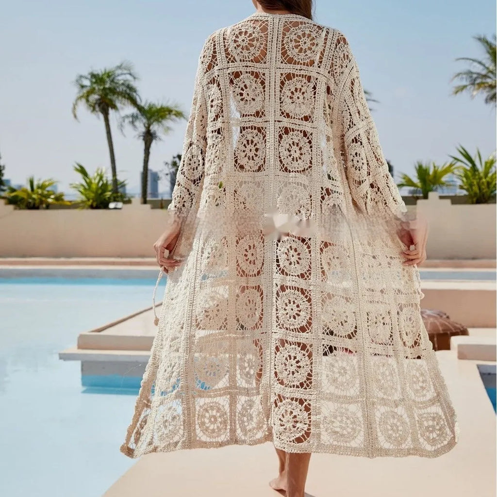 Apricot cotton long sleeve beach sun protection shirt with embroidery