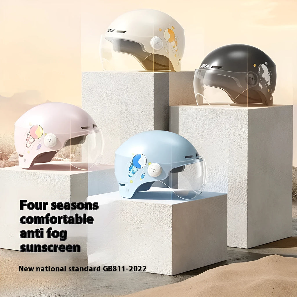 Khaki coloured motorcycle half helmet with a mirrored long visor attached on a table.