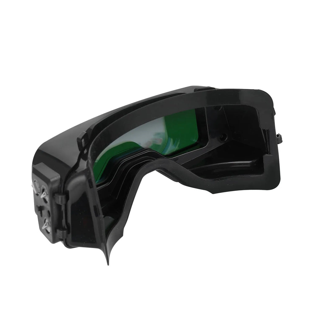 Black automatic darkening welding mask with large viewing lens for arc welding protection.