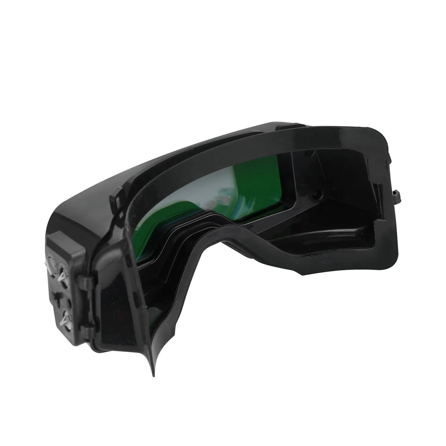 Black automatic darkening welding mask with large viewing lens for arc welding protection.