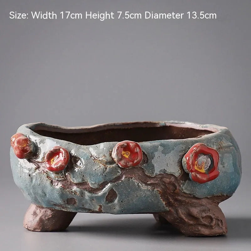 Large handmade ceramic flowerpot with pastoral hand-painted design for indoor plants