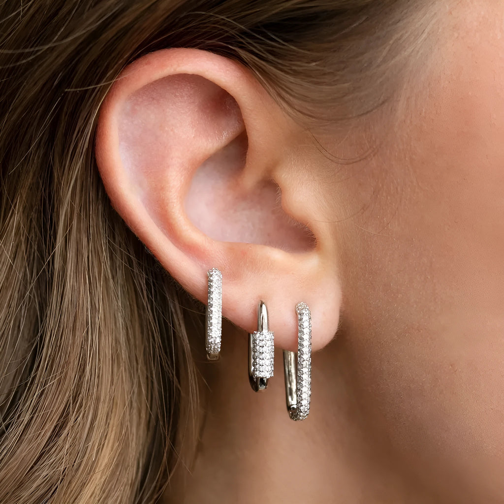 Geometric three-piece copper ear clip set with micro inlaid zircon detailing in gold or white finish
