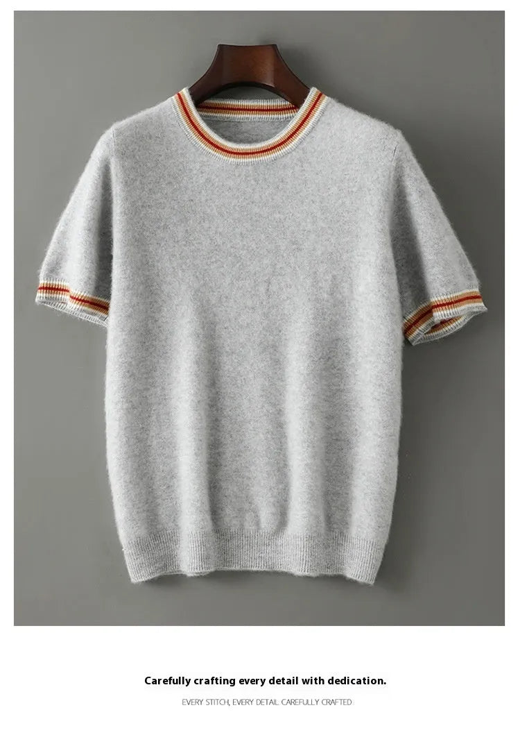 Men's round neck short sleeve pure wool sweater in black, shown on a hanger.