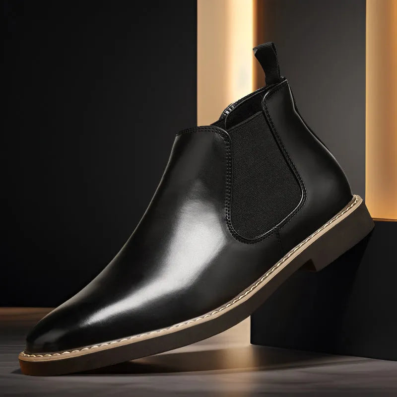 Men's British style leather boots with artificial PU upper and flat square heel in black and yellow colour options