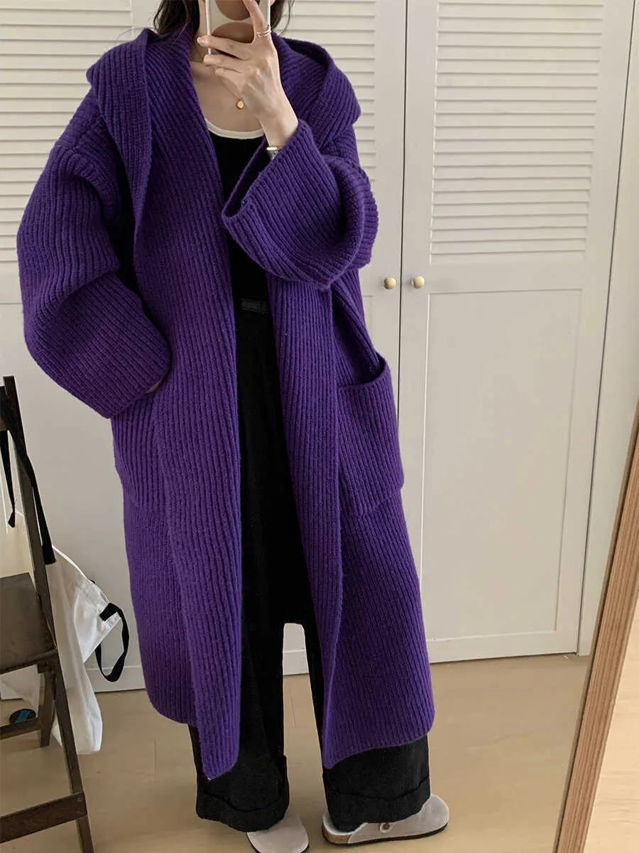 Loose grey hooded cardigan coat for women with raglan sleeves, shown open as an oversized layer.