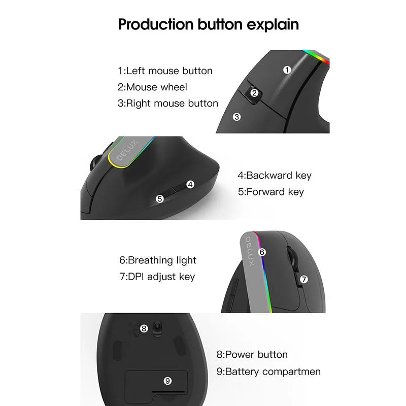 M618C vertical ergonomic wireless computer mouse with RGB lighting in black or white